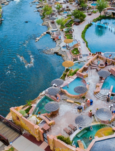Aerial view of The Relaxation Terrace and San Juan River from The Springs Resort